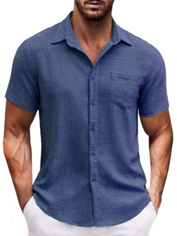 New solid color lapel pocket short sleeve casual men's shirt - MyriadMart