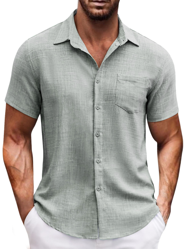 New solid color lapel pocket short sleeve casual men's shirt - MyriadMart