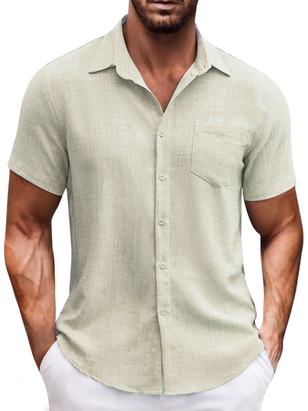New solid color lapel pocket short sleeve casual men's shirt - MyriadMart