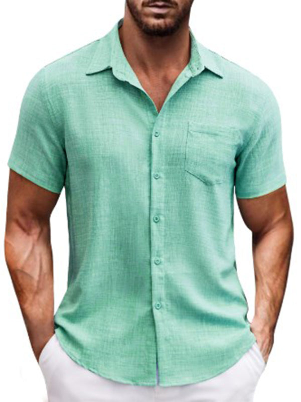 New solid color lapel pocket short sleeve casual men's shirt - MyriadMart