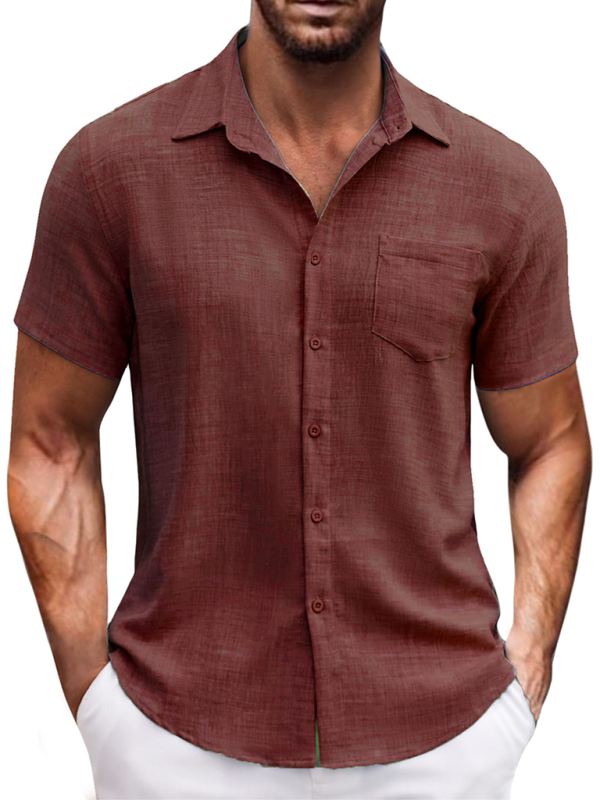 New solid color lapel pocket short sleeve casual men's shirt - MyriadMart
