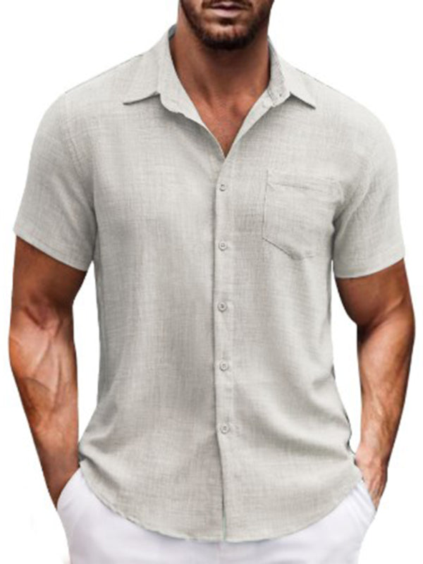 New solid color lapel pocket short sleeve casual men's shirt - MyriadMart