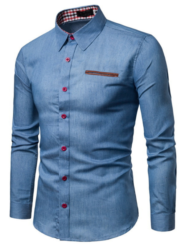 Men's Casual Shirt Pocket Patchwork Leather Long Sleeve Shirt - MyriadMart