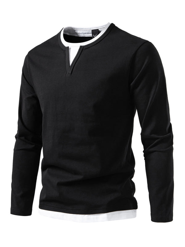 Men's T-shirt Fake two-piece double-layer V-neck stitching bottoming shirt Men's long-sleeved T-shirt - MyriadMart