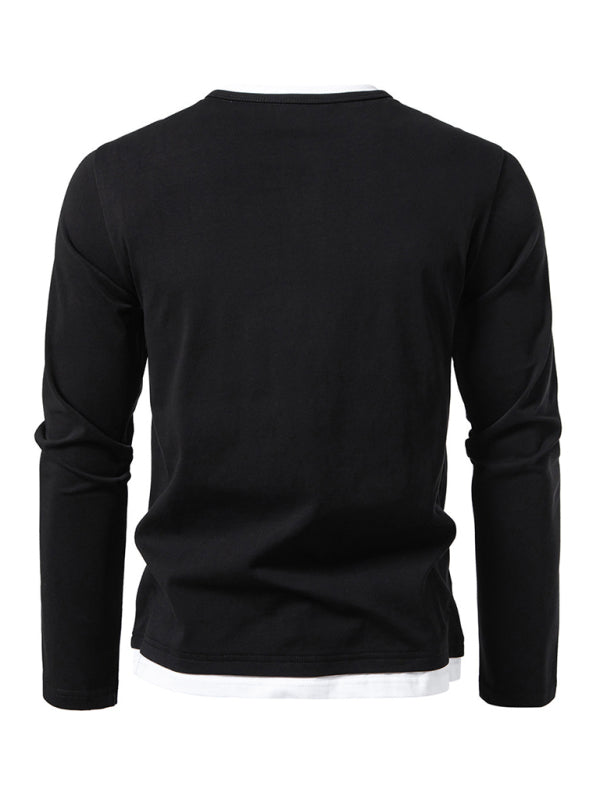 Men's T-shirt Fake two-piece double-layer V-neck stitching bottoming shirt Men's long-sleeved T-shirt - MyriadMart