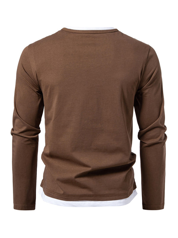 Men's T-shirt Fake two-piece double-layer V-neck stitching bottoming shirt Men's long-sleeved T-shirt - MyriadMart