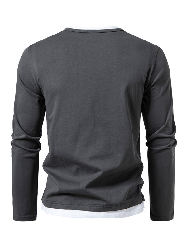 Men's T-shirt Fake two-piece double-layer V-neck stitching bottoming shirt Men's long-sleeved T-shirt - MyriadMart