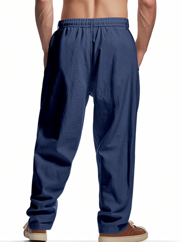 Men's navy blue breathable linen loose casual trousers - MyriadMart