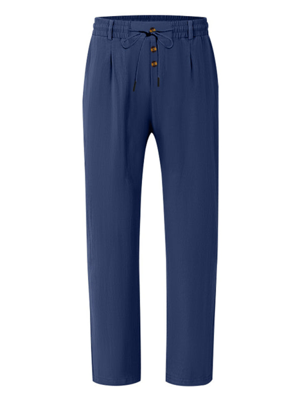 Men's navy blue breathable linen loose casual trousers - MyriadMart