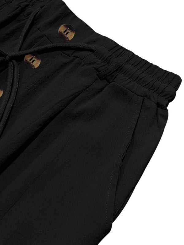 Men's black breathable linen loose casual trousers - MyriadMart