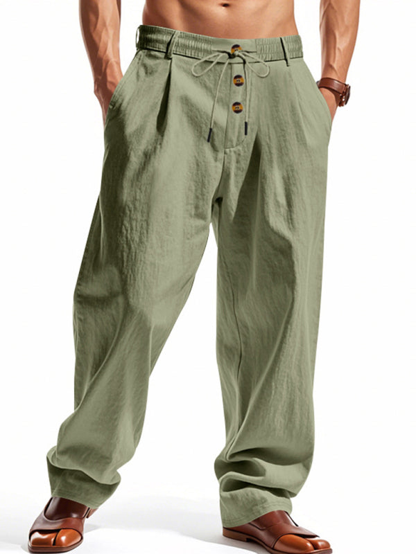 Men's Army Green Breathable Linen Loose Casual Pants - MyriadMart