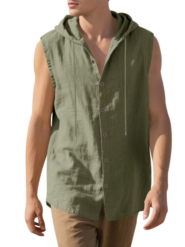 Men's Casual Sleeveless Waistcoat Shirt Linen Hooded Solid Color Breathable Loose Top - MyriadMart