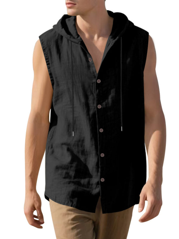 Men's Casual Sleeveless Waistcoat Shirt Linen Hooded Solid Color Breathable Loose Top - MyriadMart