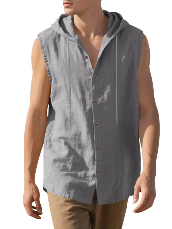 Men's Casual Sleeveless Waistcoat Shirt Linen Hooded Solid Color Breathable Loose Top on sale at MyriadMart