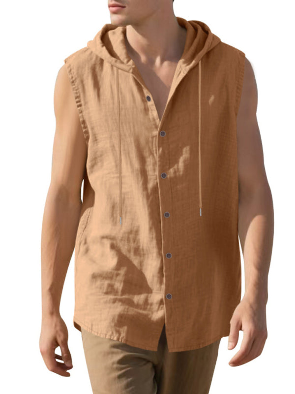 Men's Casual Sleeveless Waistcoat Shirt Linen Hooded Solid Color Breathable Loose Top - MyriadMart