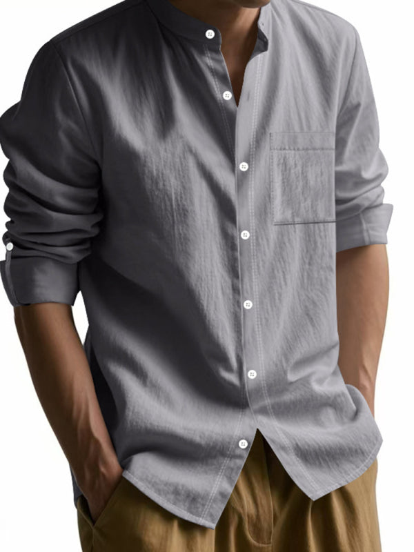 Linen long-sleeved stand-up collar breathable casual men's shirt - MyriadMart