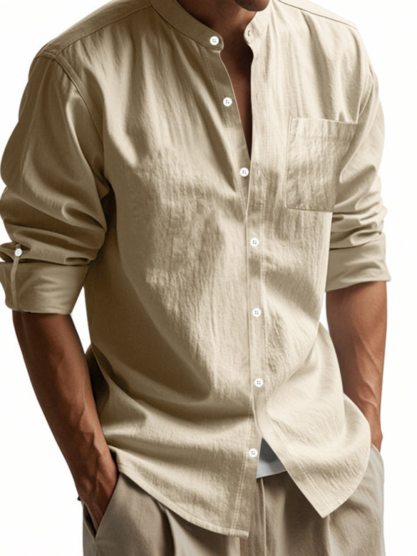 Linen long-sleeved stand-up collar breathable casual men's shirt - MyriadMart