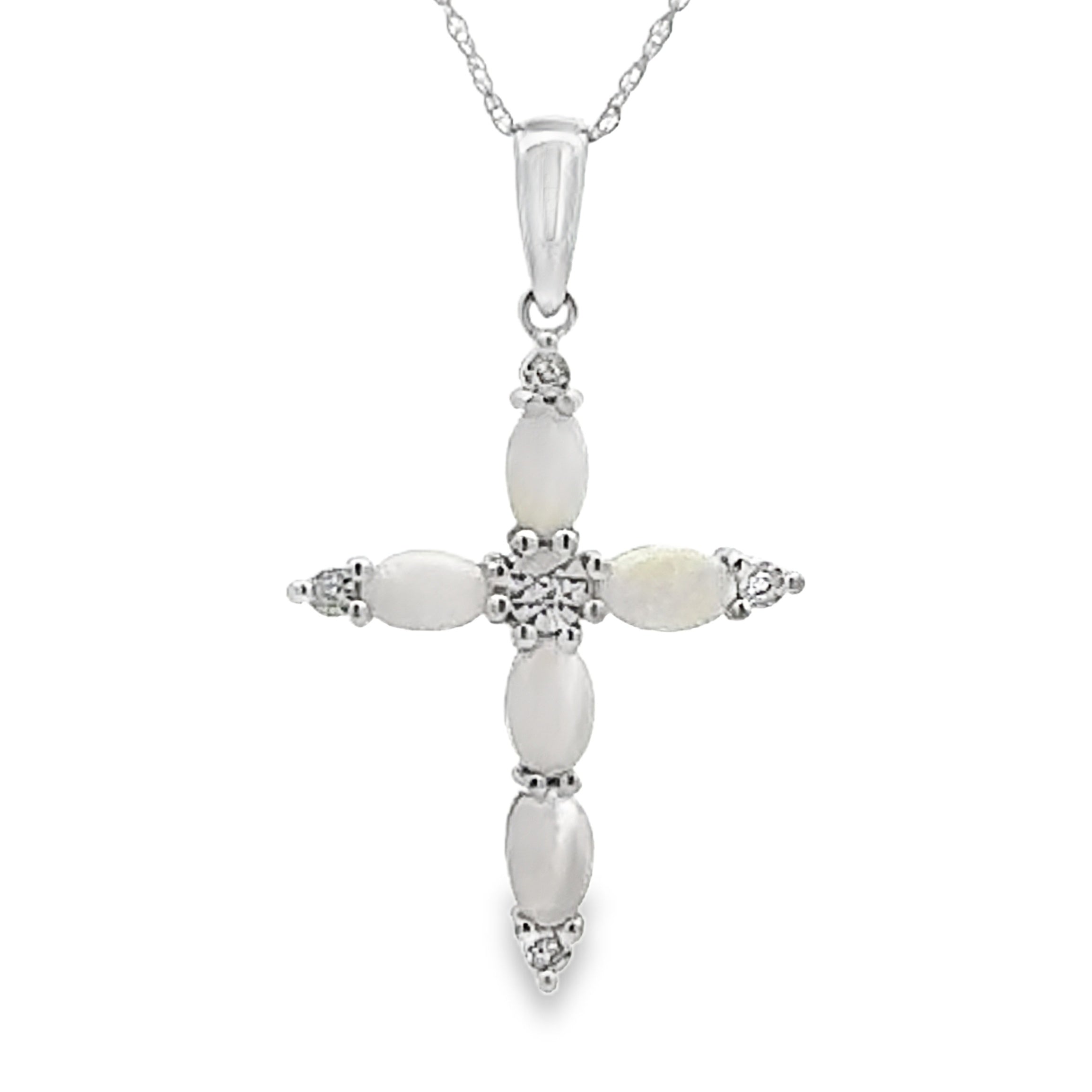 Opal Diamond Cross Religious Pendant 10KT White Gold on sale at MyriadMart