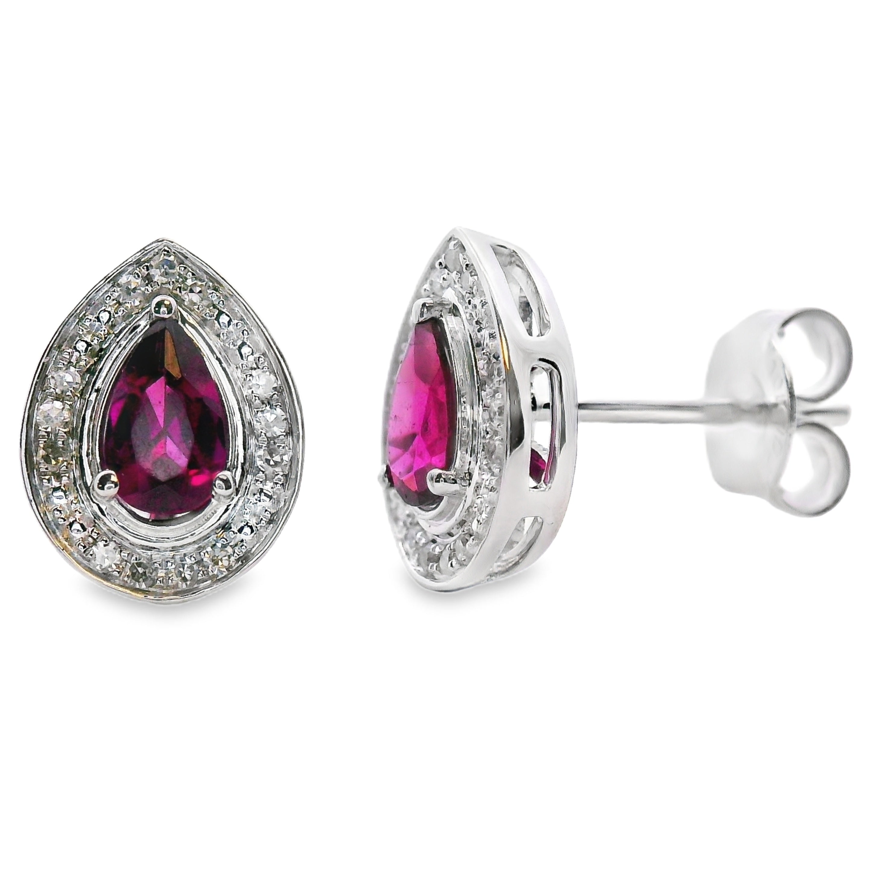 Rhodolite Garnet Diamond Stud Earrings 10KT White Gold on sale at MyriadMart