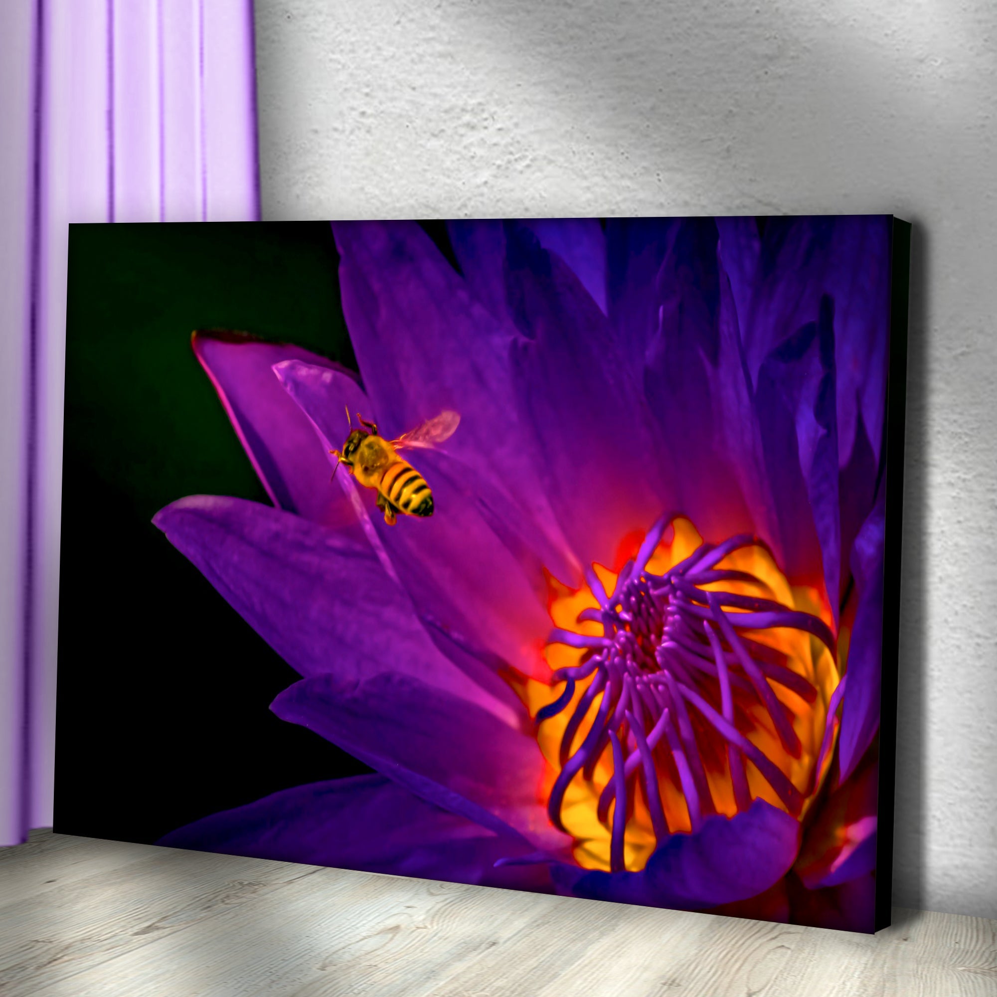 Dramatic Bee On Purple Flower Canvas Wall Art on sale at MyriadMart
