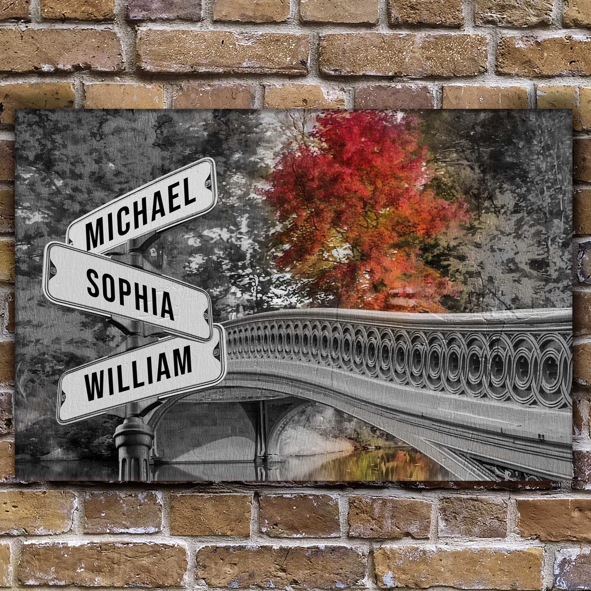 Autumn Bridge Family Names Sign on sale at MyriadMart