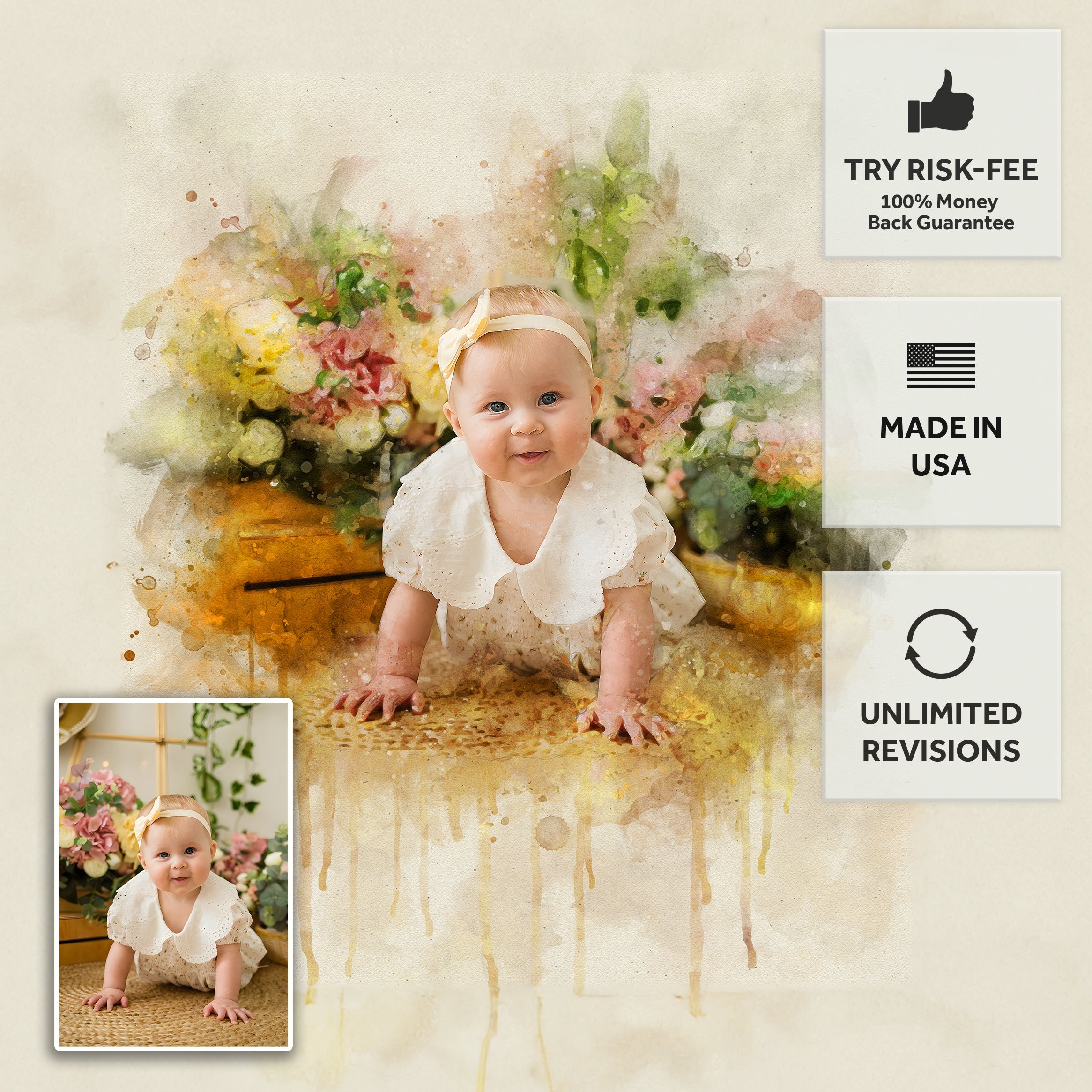Newborn Baby Watercolor Portrait Custom Wall Art on sale at MyriadMart
