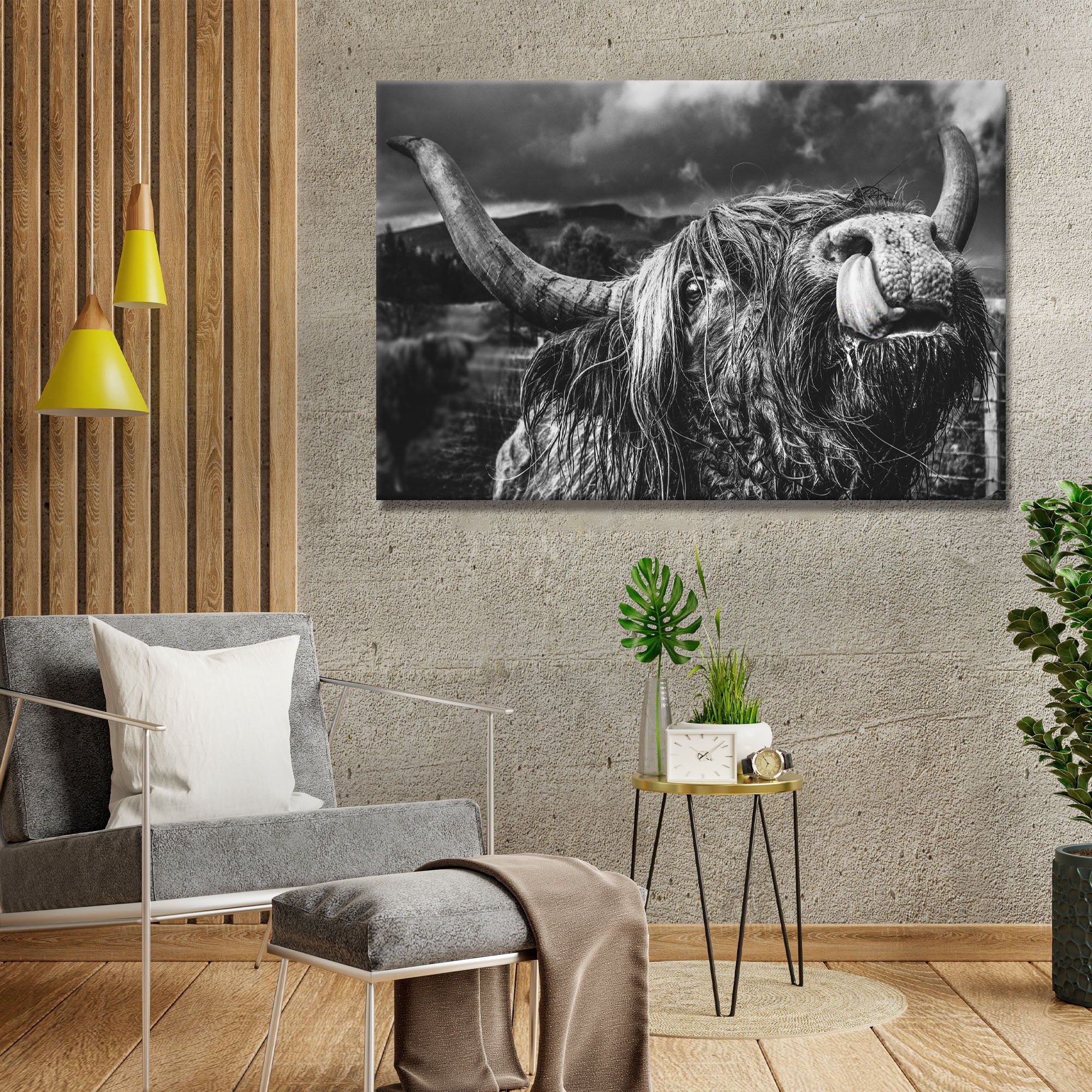 West Highland Cow Monochrome Canvas Wall Art on sale at MyriadMart