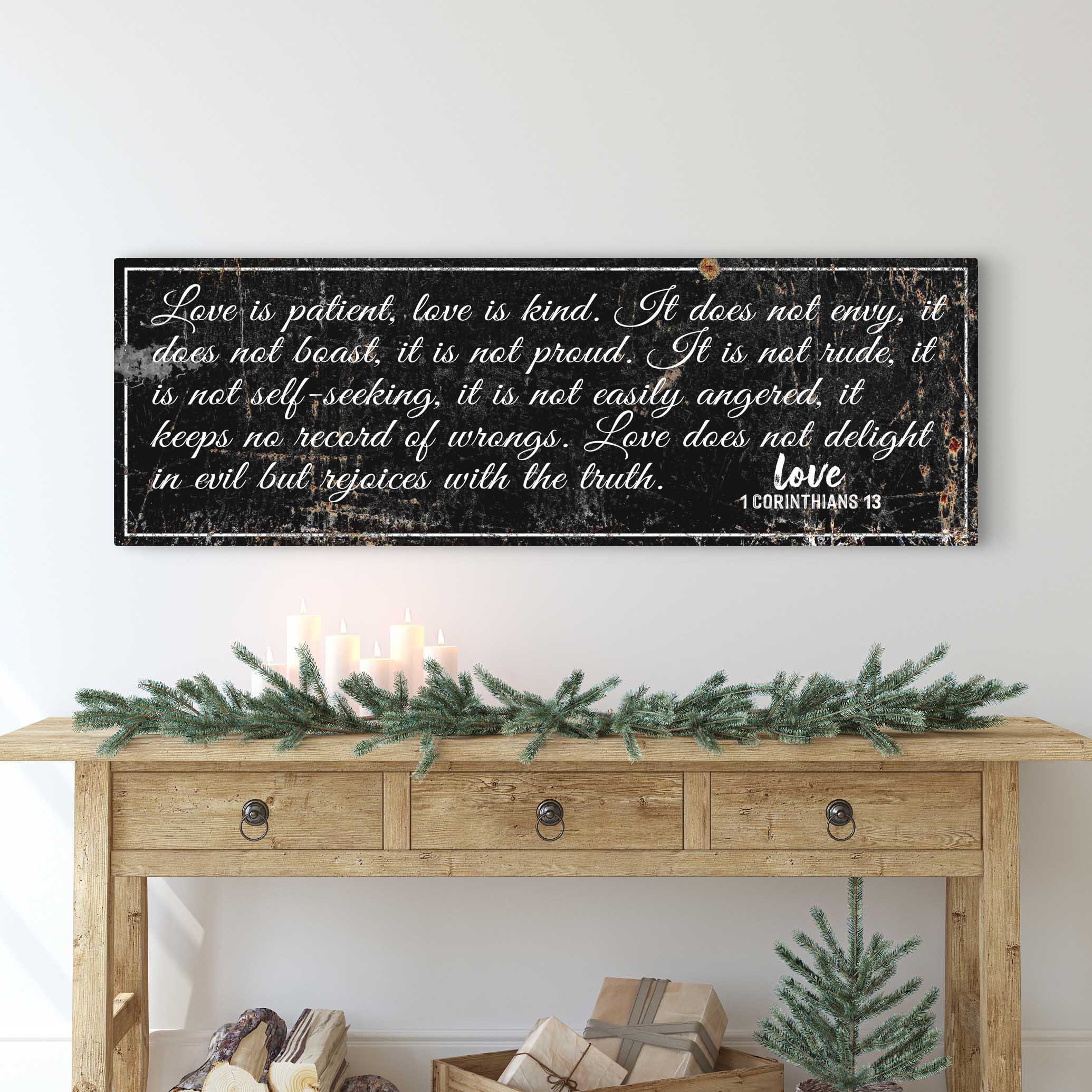 1 Corinthians 13: 'Love Is Patient' - Rustic Christian Wall Art, Religious Decor for Living Room on sale at MyriadMart