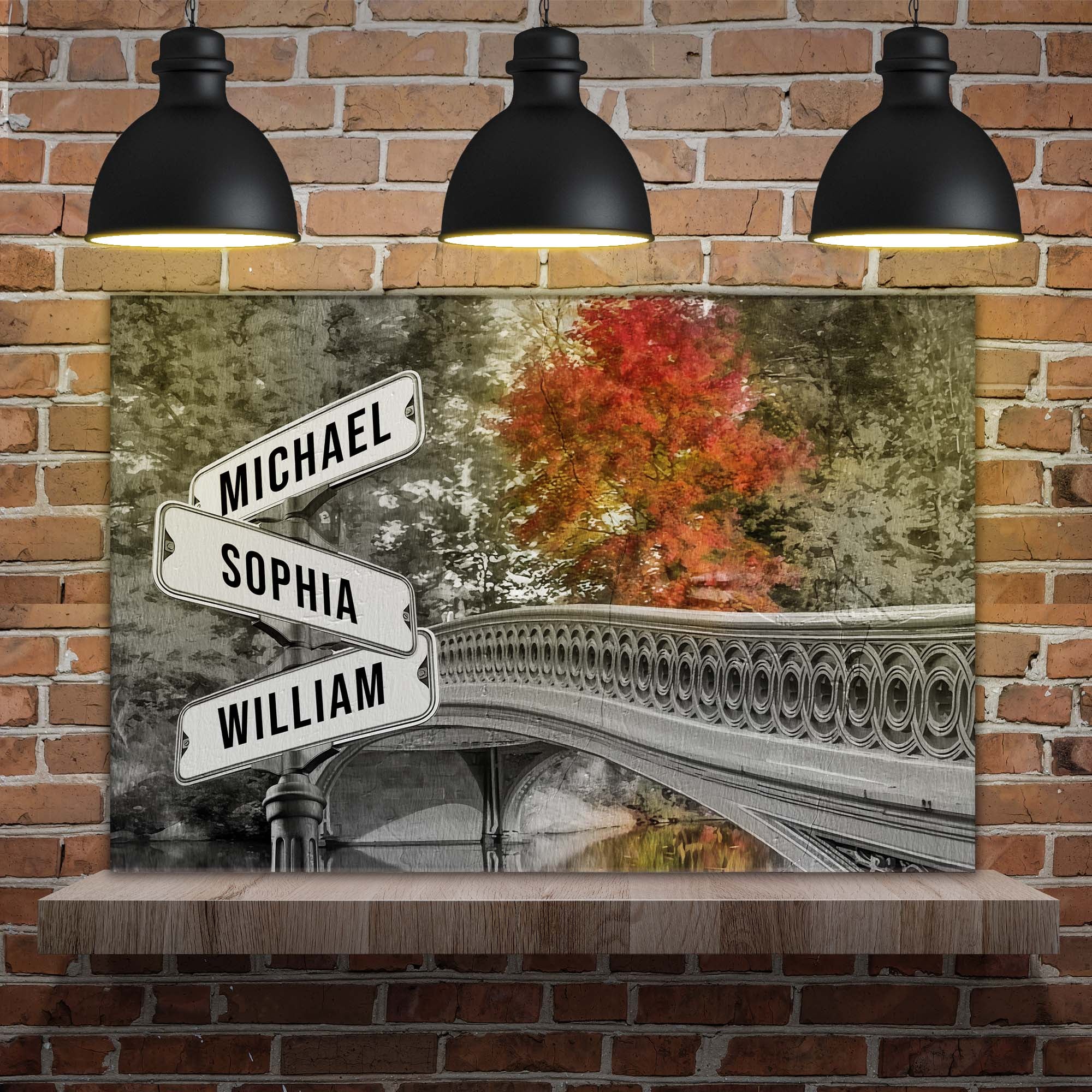 Autumn Bridge Family Names Sign on sale at MyriadMart