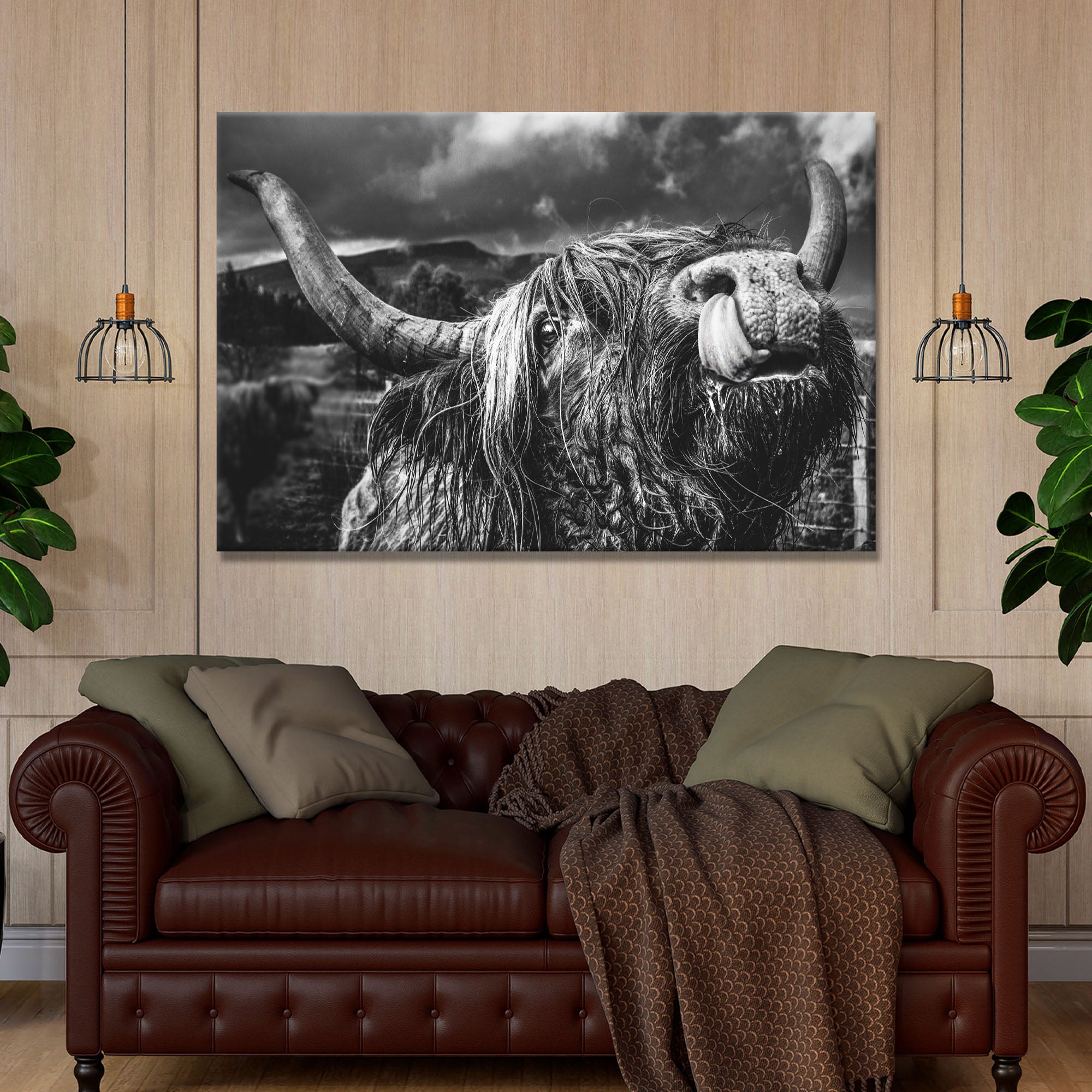 West Highland Cow Monochrome Canvas Wall Art on sale at MyriadMart