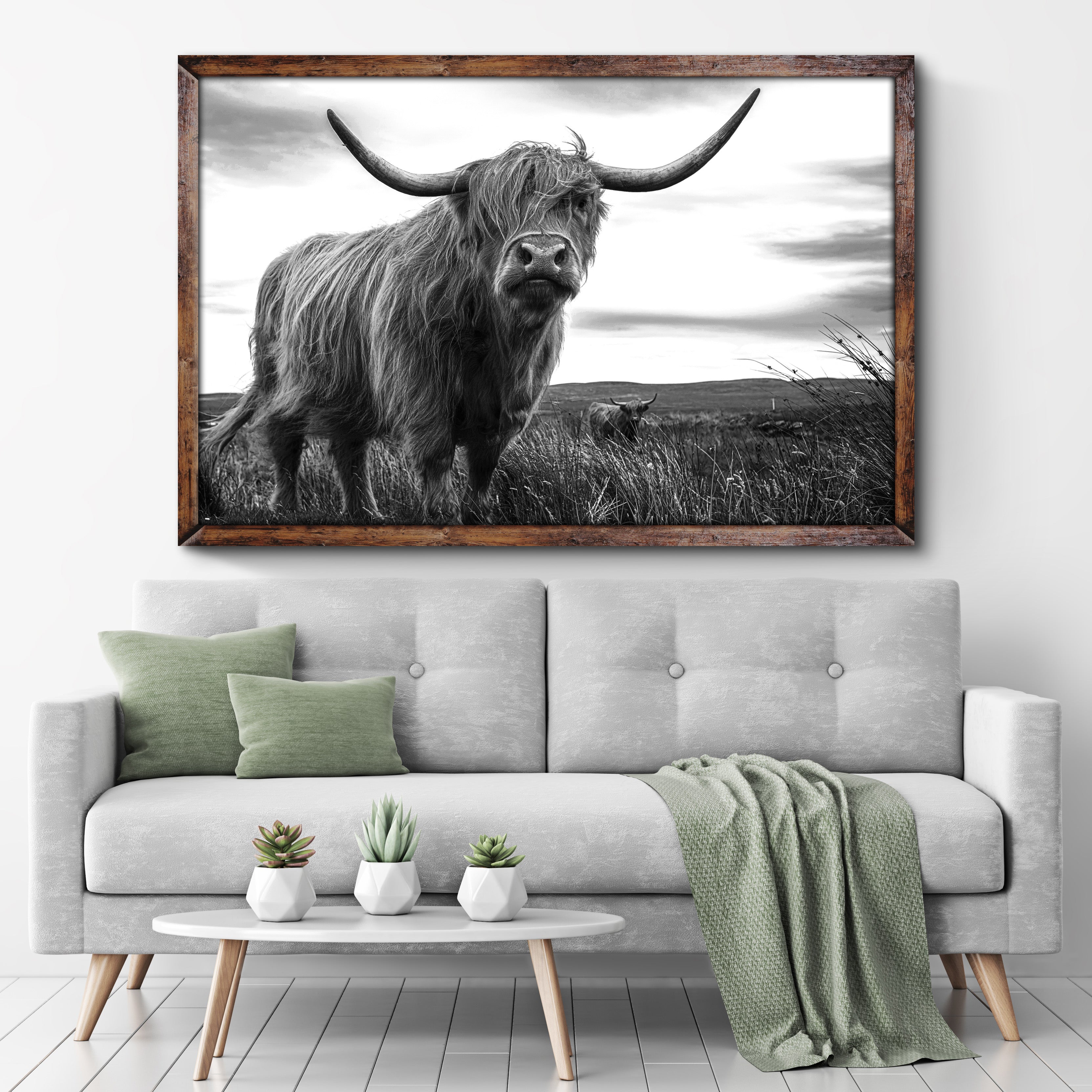 Highland Cow Black And White Portrait Canvas Wall Art on sale at MyriadMart