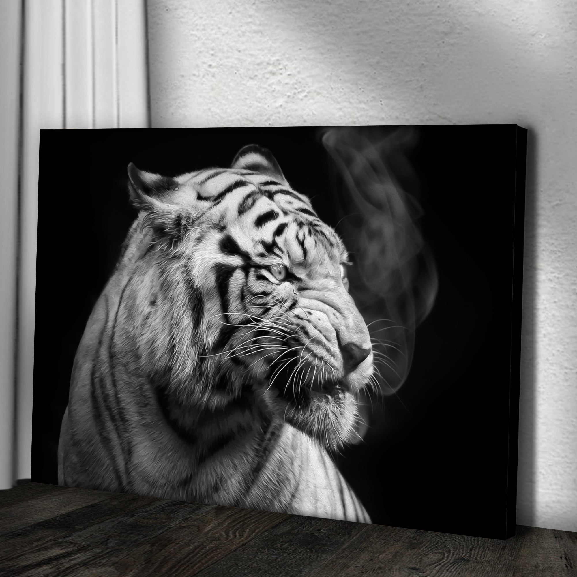 Black And White Smoking Tiger Canvas Wall Art on sale at MyriadMart