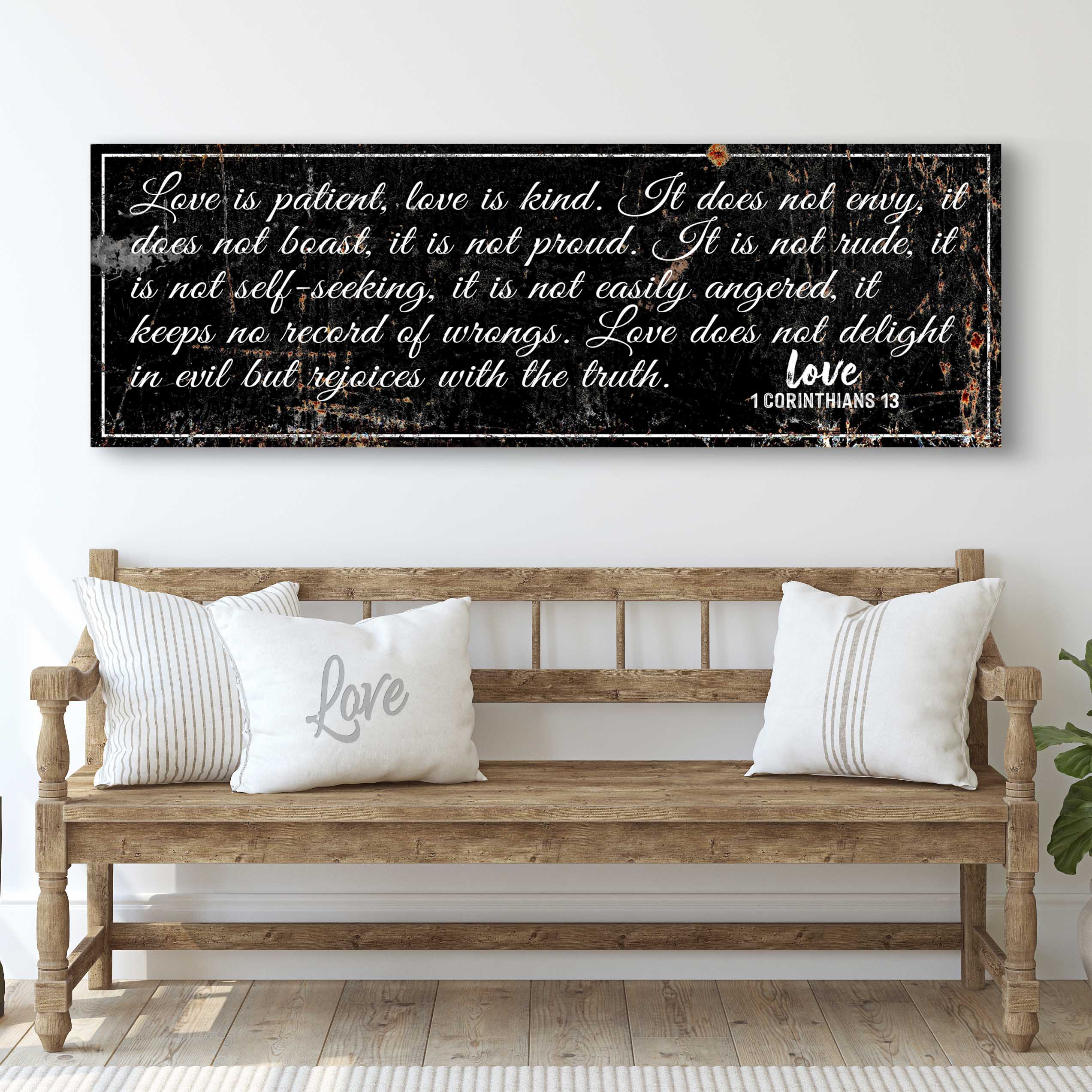 1 Corinthians 13: 'Love Is Patient' - Rustic Christian Wall Art, Religious Decor for Living Room on sale at MyriadMart