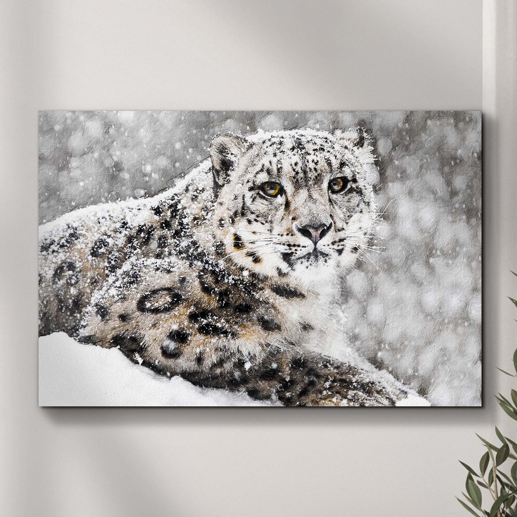 Snow Leopard In Blizzard Canvas Wall Art on sale at MyriadMart