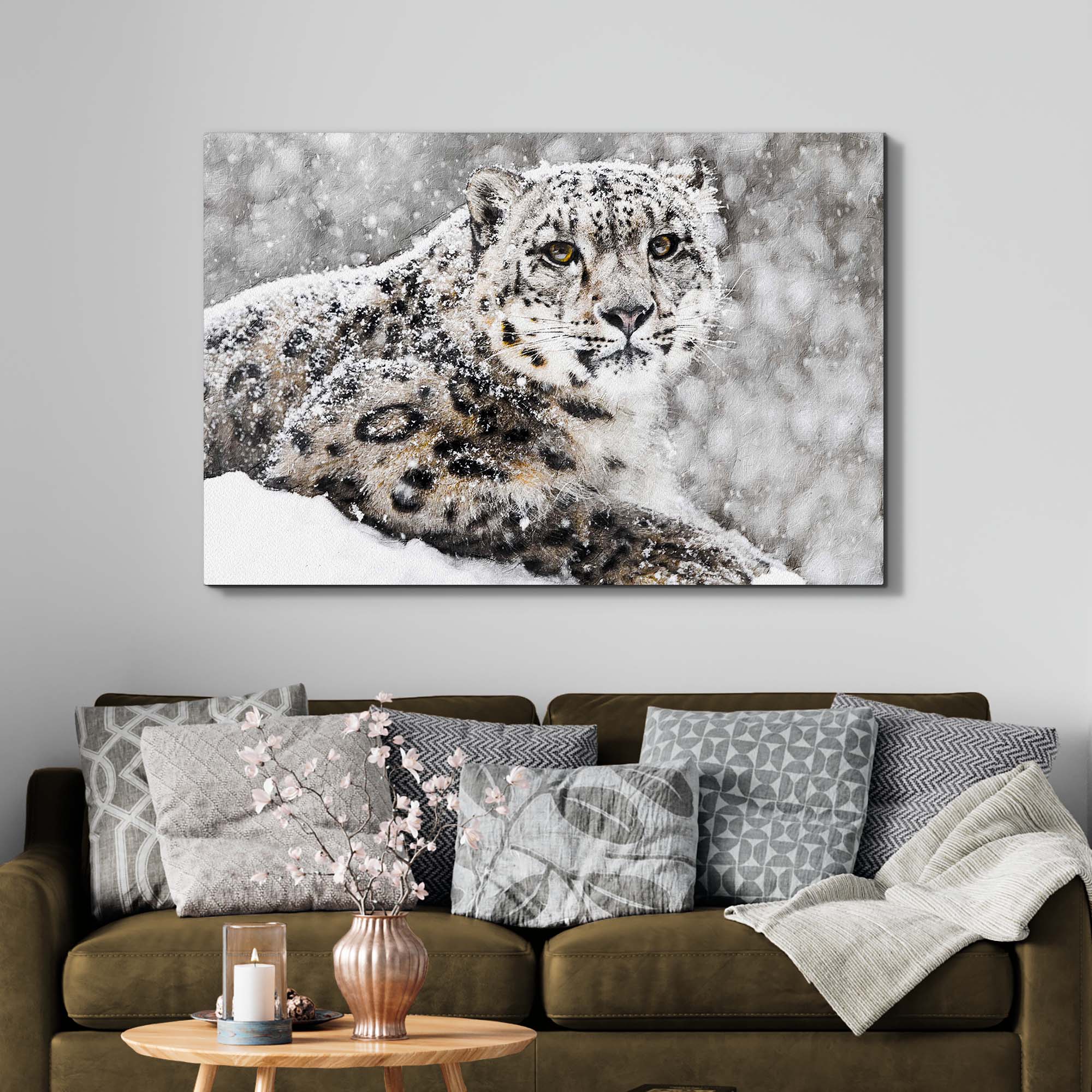 Snow Leopard In Blizzard Canvas Wall Art on sale at MyriadMart