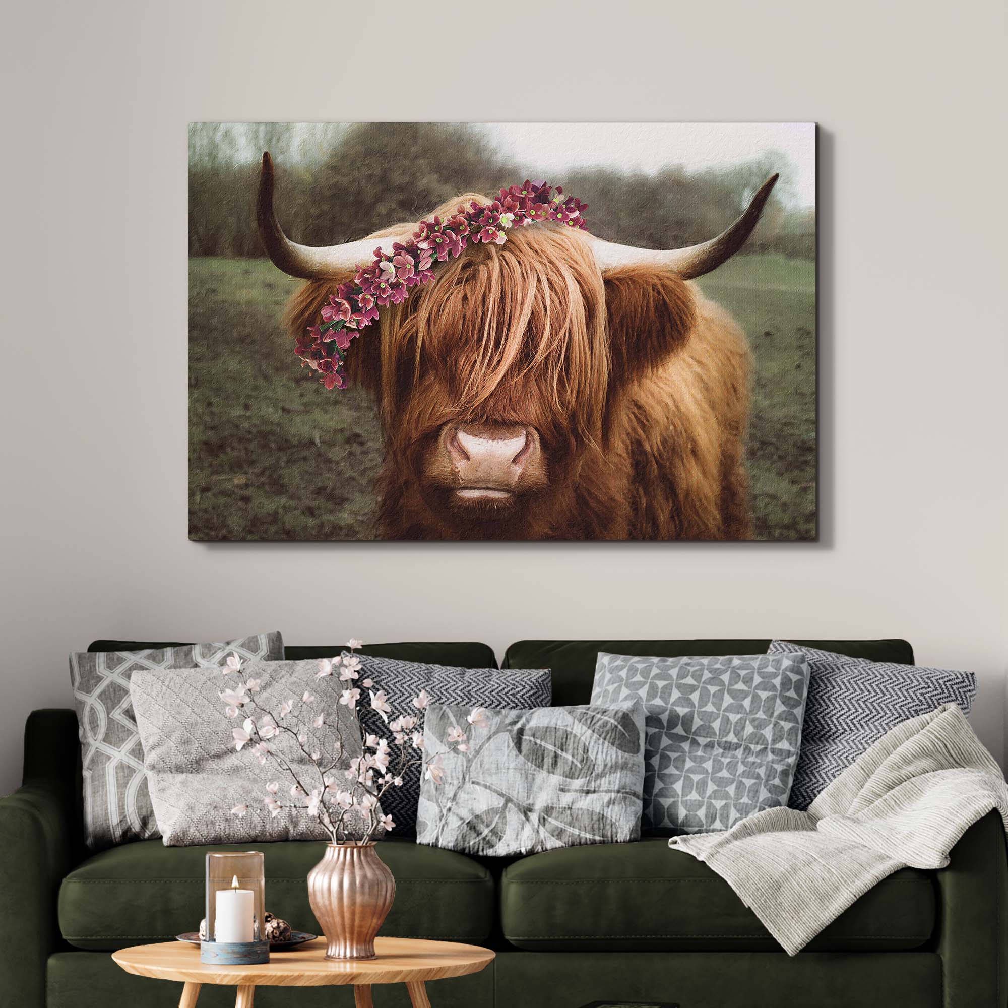 Retro Floral Crown Highland Cow Canvas Wall Art on sale at MyriadMart