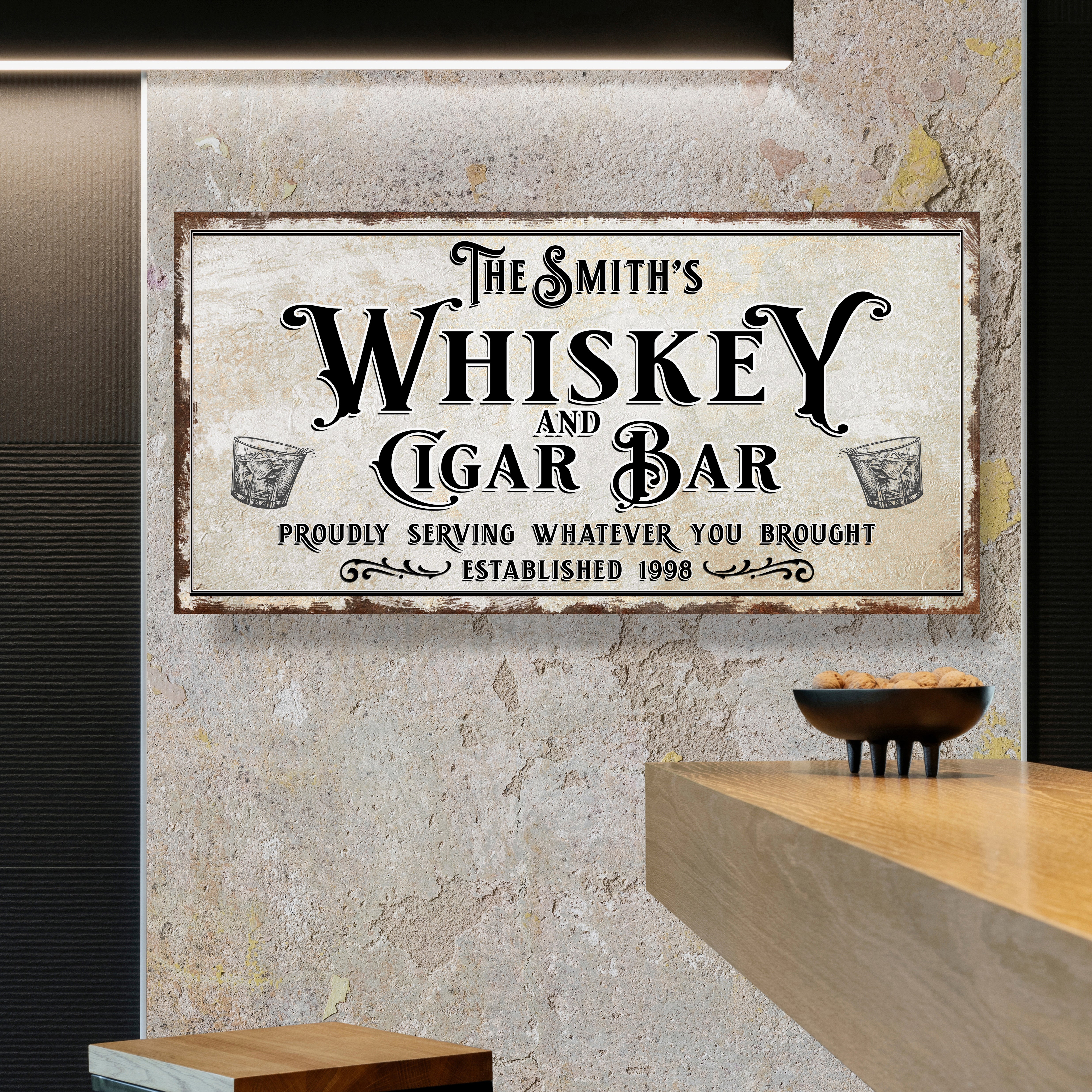 Personalized Whiskey and Cigar Bar Sign on sale at MyriadMart