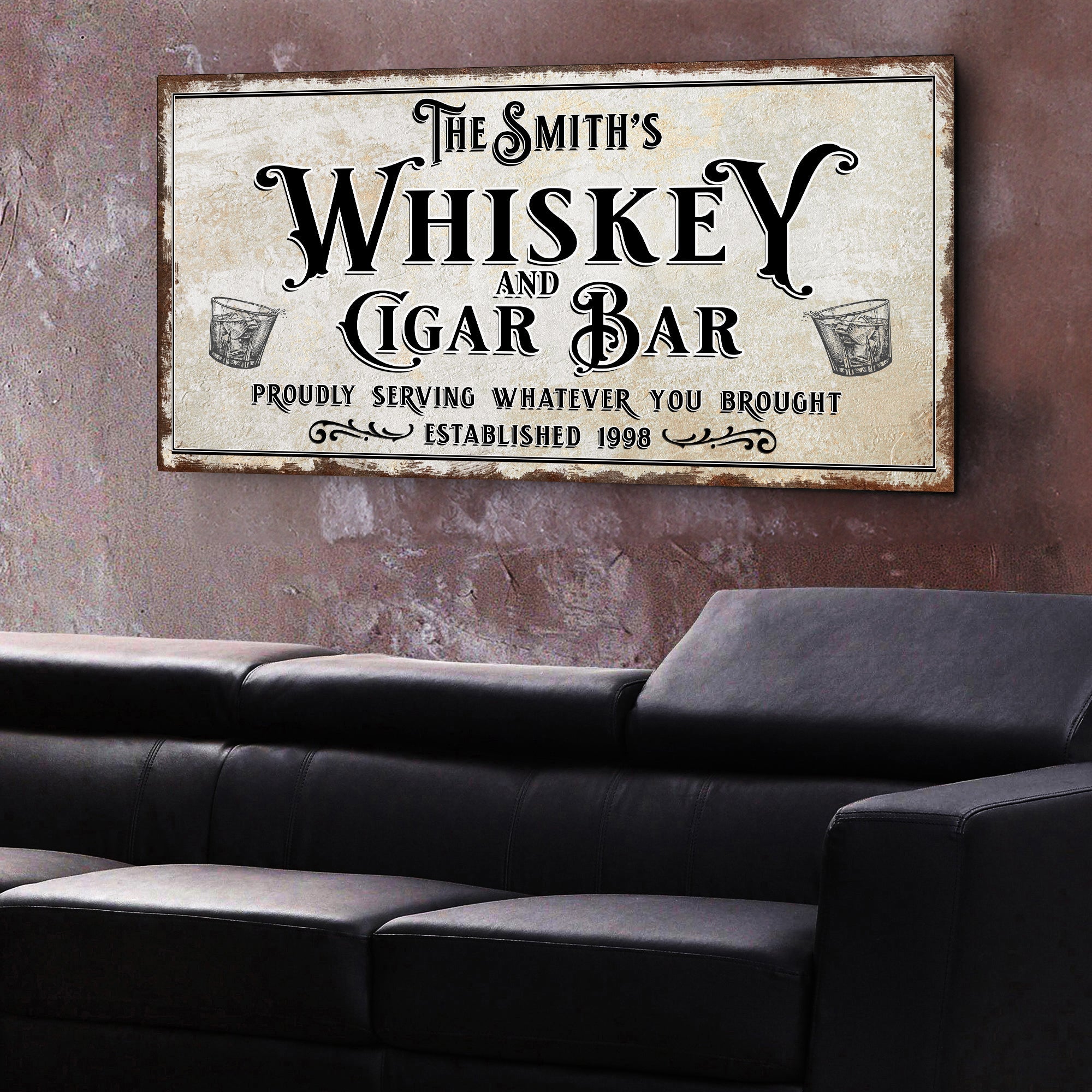 Personalized Whiskey and Cigar Bar Sign on sale at MyriadMart