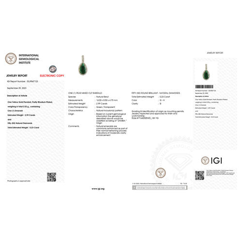 IGI Certified 3.22 Carat Genuine Zambian Emerald and White Diamond 14K Yellow Gold Pendant on sale at MyriadMart