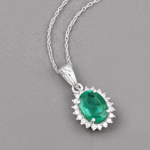 1.36 Carat Genuine Zambian Emerald and White Diamond 10K White Gold Pendant on sale at MyriadMart