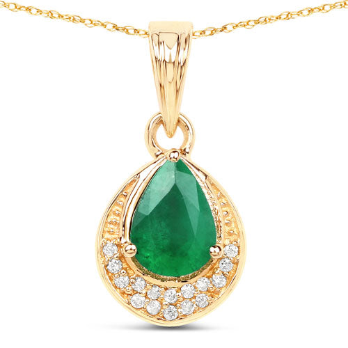 0.89 Carat Genuine Zambian Emerald and White Diamond 14K Yellow Gold Pendant on sale at MyriadMart