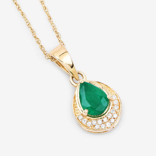 0.89 Carat Genuine Zambian Emerald and White Diamond 14K Yellow Gold Pendant on sale at MyriadMart