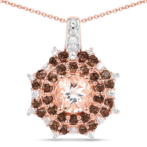 18K Rose Gold Plated 1.61 Carat Genuine Morganite, Smoky Quartz and White Zircon .925 Sterling Silver Pendant on sale at MyriadMart