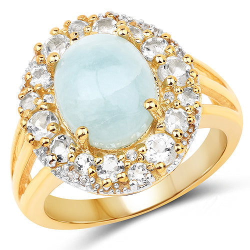 14K Yellow Gold Plated 6.72 Carat Genuine Aquamarine and White Topaz .925 Sterling Silver Ring on sale at MyriadMart