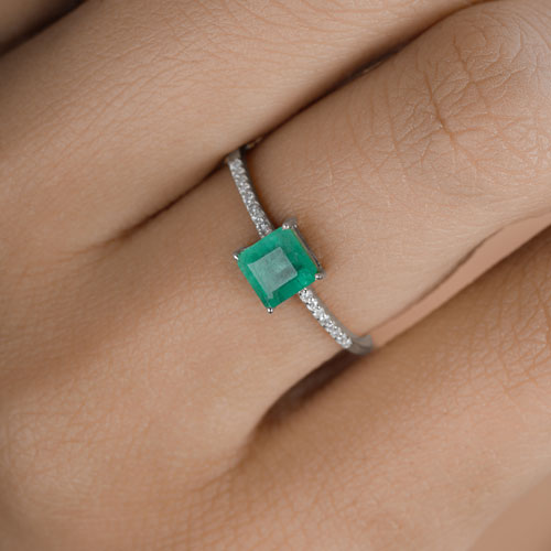 0.64 Carat Genuine Zambian Emerald and White Diamond 14K White Gold Ring on sale at MyriadMart
