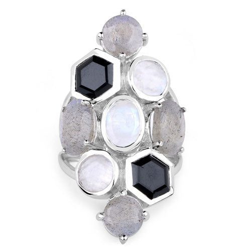 10.30 Carat Genuine White Rainbow Moonstone, Labradorite And Black Onyx .925 Sterling Silver Ring on sale at MyriadMart