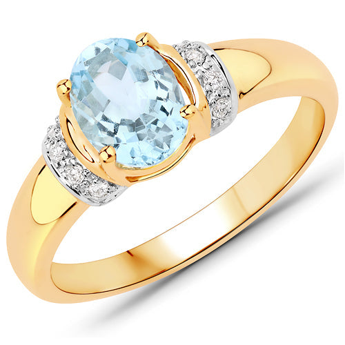 1.09 Carat Genuine Aquamarine and White Diamond 14K Yellow Gold Ring on sale at MyriadMart