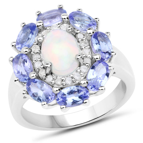 3.05 Carat Genuine Ethiopian Opal, Tanzanite and White Diamond .925 Sterling Silver Ring on sale at MyriadMart
