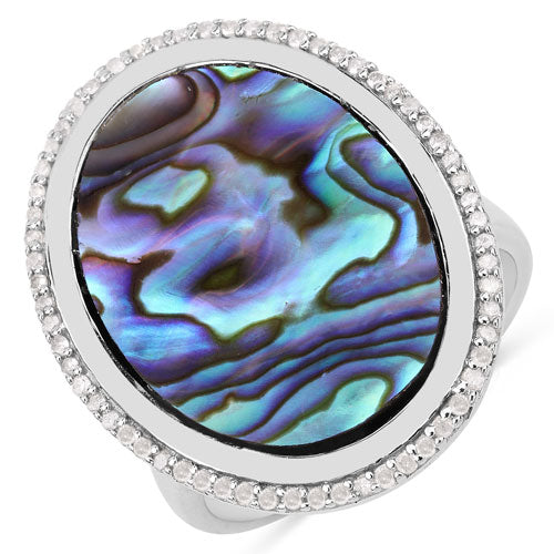 13.64 Carat Genuine Abalone and White Diamond .925 Sterling Silver Ring on sale at MyriadMart