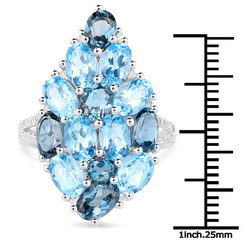 6.69 Carat Genuine Swiss Blue Topaz, London Blue Topaz and White Zircon .925 Sterling Silver Ring on sale at MyriadMart